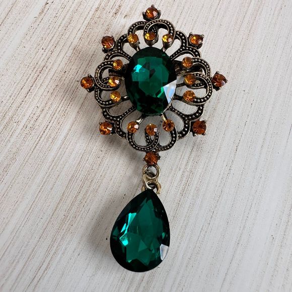 Retro Style Dangle teardrop Brooch Emerald Green Orange Crystal Rhinestones Pin - Picture 5 of 6